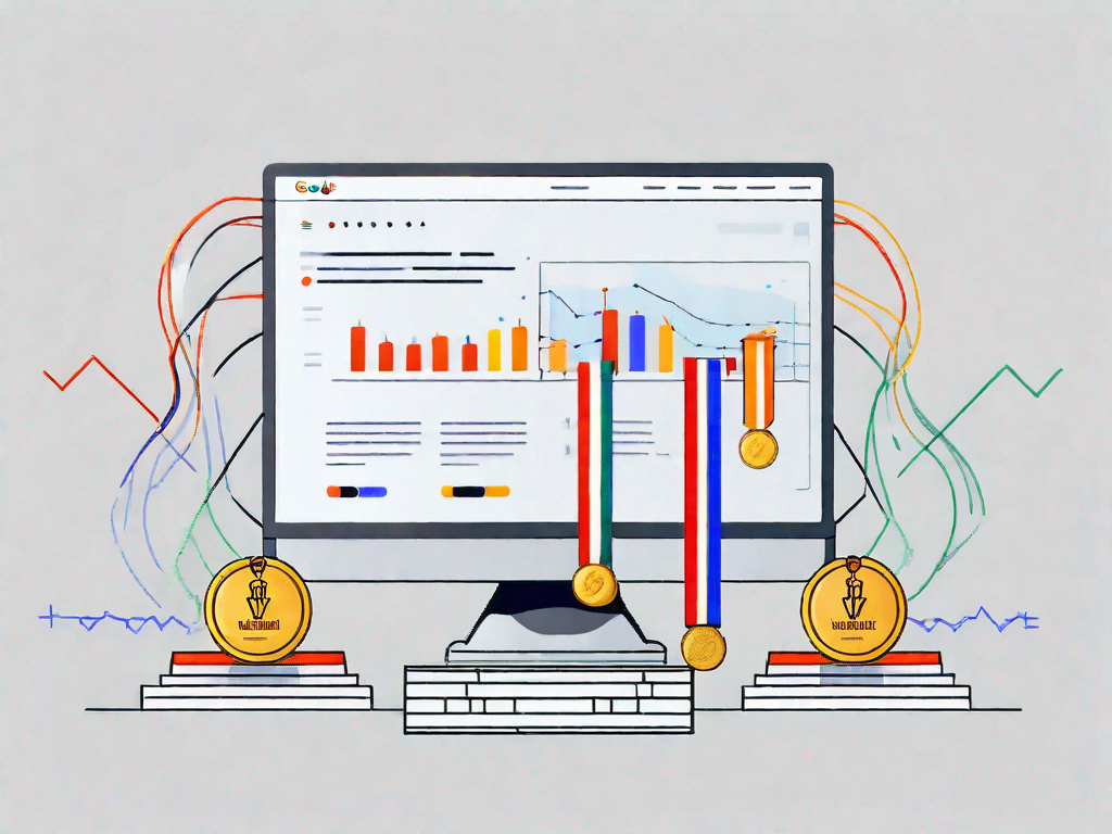 A computer screen displaying a website's backend code on one side and a podium with three different colored ranking medals on the other side